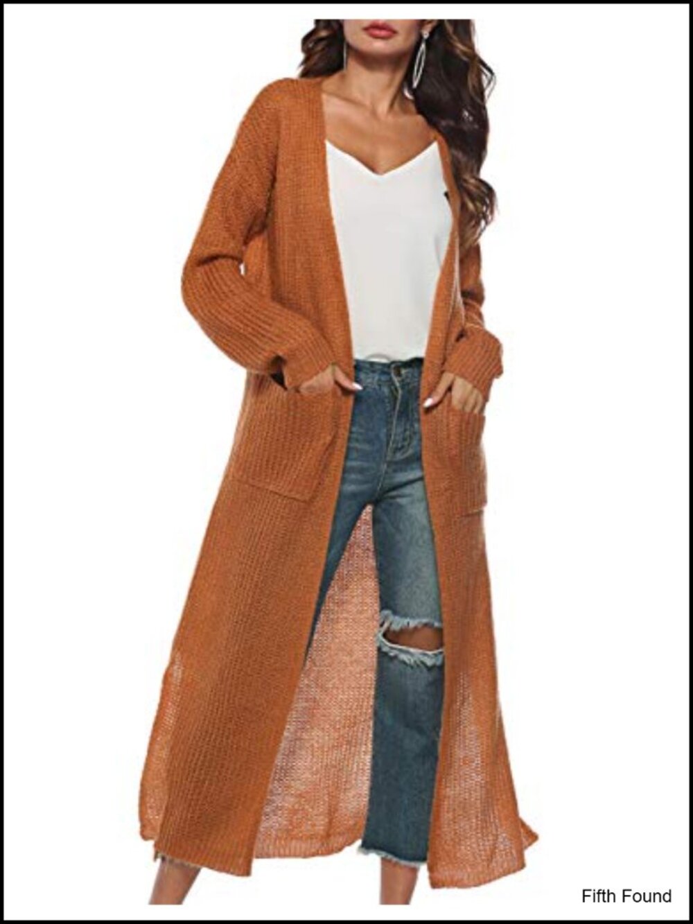 Long Sleeve Split Open Front Knit Long Cardigan Sweater with Pockets